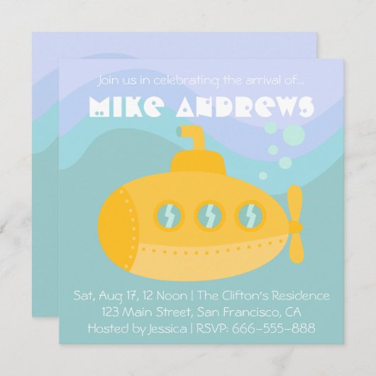 赤ちゃんシャワー：愛らしい黄色の潜水艦の水中 招待状 (正面/裏面)