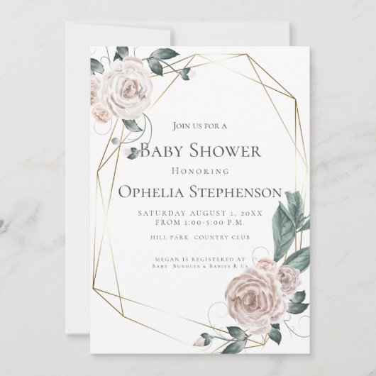 赤ちゃんシャワー |水の色ほこりっぽいバラフローラ 案内状 (正面)