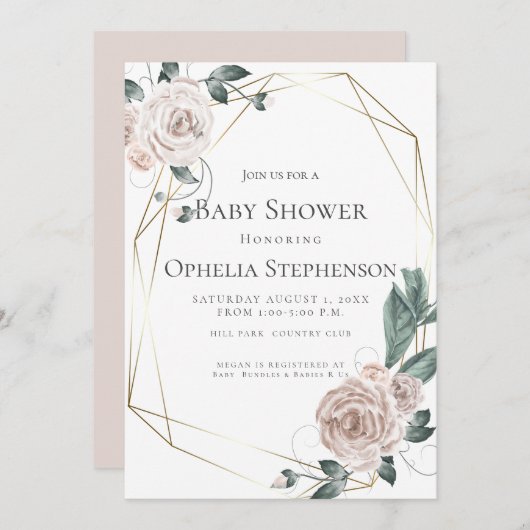 赤ちゃんシャワー |水の色ほこりっぽいバラフローラ 案内状 (正面/裏面)