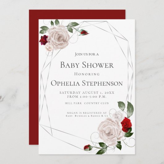 赤ちゃんシャワー |水の色ほこりっぽい赤面バラ 案内状 (正面/裏面)