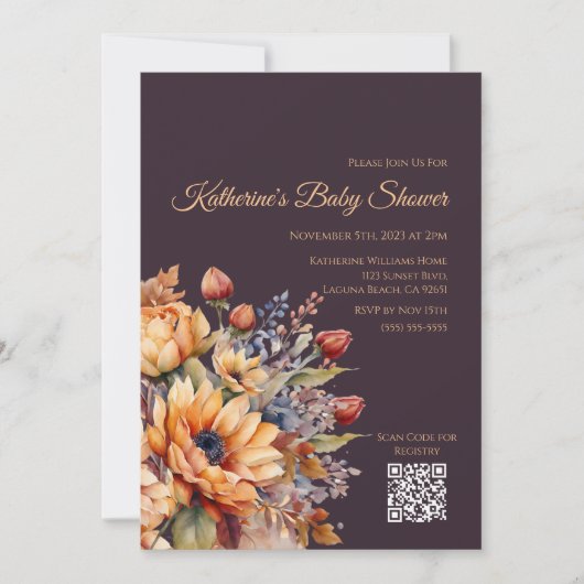 赤ちゃんシャワー – 水カラー秋花 – 紫 招待状 (正面)