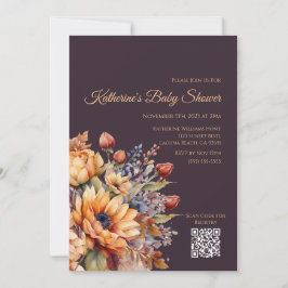 赤ちゃんシャワー – 水カラー秋花 – 紫 招待状