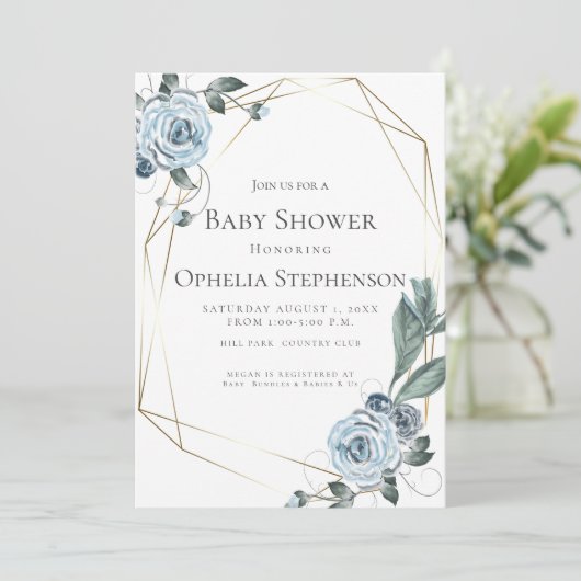 赤ちゃんシャワー |水彩ほこりっぽい青フローラ 案内状 (スタンド正面)