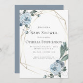 赤ちゃんシャワー |水彩ほこりっぽい青フローラ 案内状 (正面/裏面)