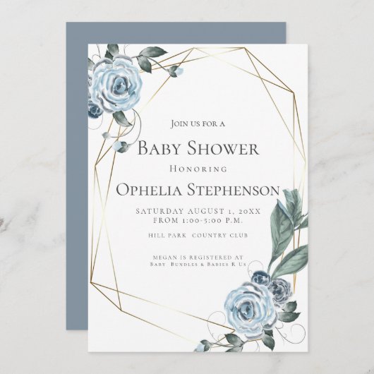 赤ちゃんシャワー |水彩ほこりっぽい青フローラ 案内状 (正面/裏面)