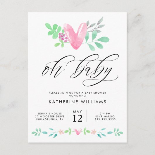 赤ちゃんシャワー |水彩ハートフローラはがき ポストカード (正面)