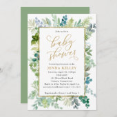 赤ちゃんシャワー、水彩緑と金ゴールドの葉 招待状 (正面/裏面)