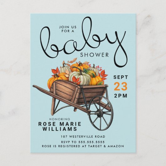 赤ちゃんシャワー | 秋のカボチャのホイールバレルはがき ポストカード (正面)