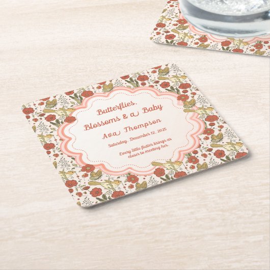 赤ちゃんシャワー | 蝶と花の詩的フローラ スクエアペーパーコースター (アングル)