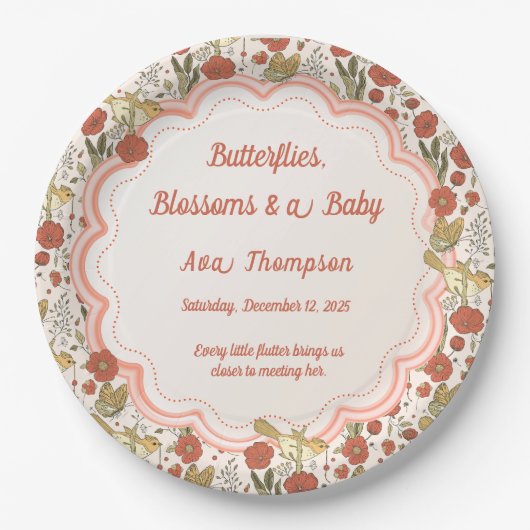 赤ちゃんシャワー | 蝶と花の詩的フローラ ペーパープレート (正面)