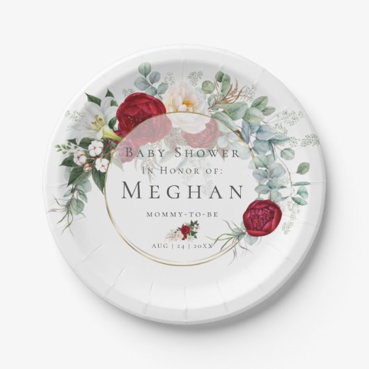 赤ちゃんシャワー | 赤鮮やか牡丹ブーケ ペーパープレート (正面)