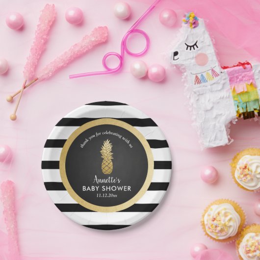 赤ちゃんシャワー |金フェイク箔パイナップル |ストライプ ペーパープレート (パーティー)