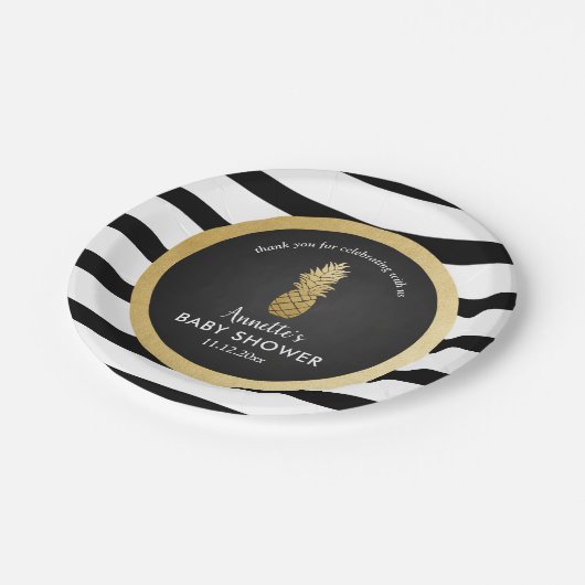 赤ちゃんシャワー |金フェイク箔パイナップル |ストライプ ペーパープレート (アングル)