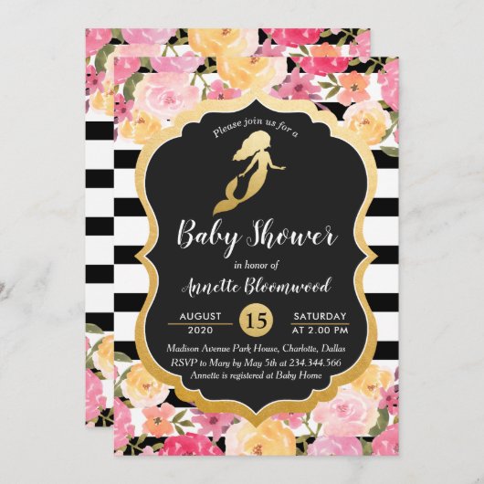 赤ちゃんシャワー | 金フェイク箔マーメイド | フローラ 招待状 (正面/裏面)