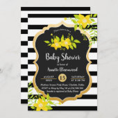 赤ちゃんシャワー | 黄色のフローラ | エレガントストライプ 招待状 (正面/裏面)