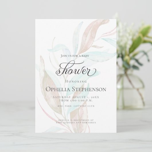 赤ちゃんシャワー | Pastel水色のウィスピーな葉 招待状 (スタンド正面)