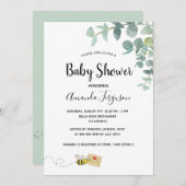 赤ちゃんシャワーeucalyptus緑かわいいミツバチ 招待状 (正面/裏面)