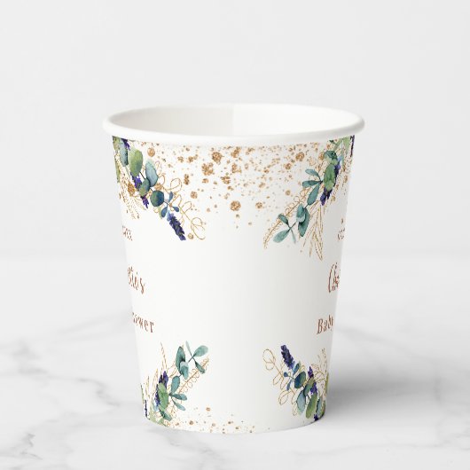 赤ちゃんシャワーeucalyptus緑グリッターモノグラム 紙コップ (左)