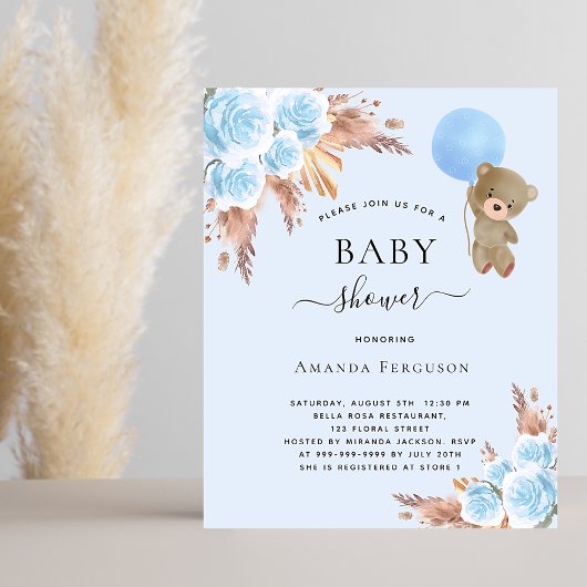 赤ちゃんシャワーpampas teddy bear blue invitation
