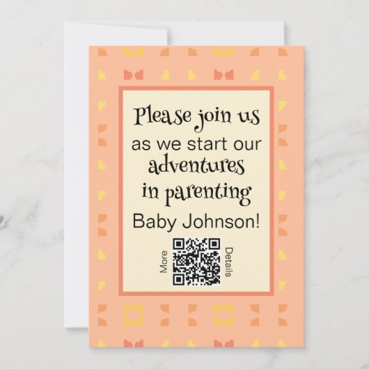 赤ちゃんシャワーQRコードピーチイエロージオメトリック 招待状 (正面)