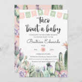 赤ちゃんシャワーRSVPのピンクグリーンサボタコス 招待状 (正面/裏面)