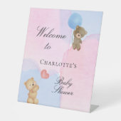 赤ちゃんシャワーteddyクマ青いピンクのジェンダーが明らかにする 台座サイン (正面)