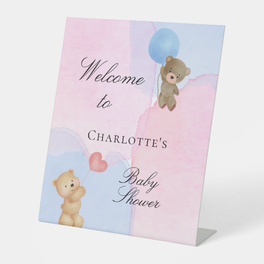 赤ちゃんシャワーteddyクマ青いピンクのジェンダーが明らかにする 台座サイン (正面)
