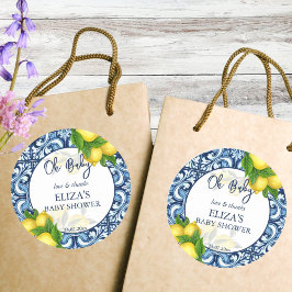赤ちゃんシャワ感謝していーあなたラベルブルーのタイルのレモンの好意 ラウンドシール