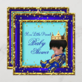 赤ちゃんシャワ王室のーブルー金ゴールドボーイクラウンプリンススター 招待状 (正面/裏面)