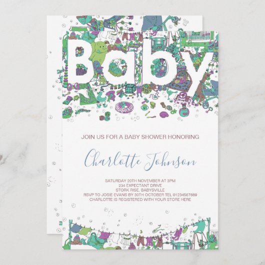 赤ちゃんシャワ男女兼用ゾウ 招待状 (正面/裏面)