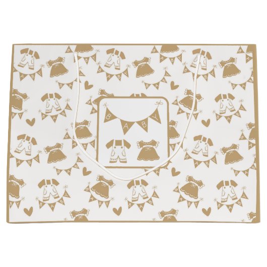 赤ちゃんシャワ男女兼用ー(茶色と白) ラージペーパーバッグ (正面)