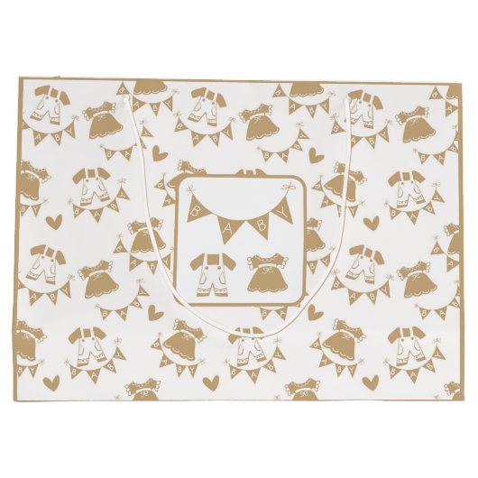 赤ちゃんシャワ男女兼用ー(茶色と白) ラージペーパーバッグ (裏面)