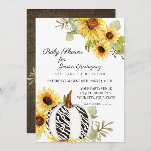 赤ちゃんシャワ素朴ーひまわりフローラゼブラパンプキン 招待状 (正面/裏面)