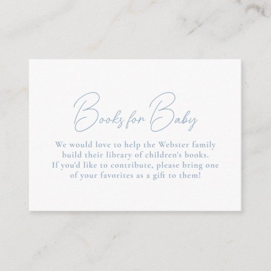 赤ちゃんシンプルシャワー用の青いギンガムかわいい本 エンクロージャーカード (正面)