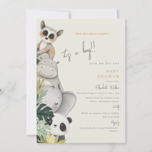 赤ちゃんジャングル動物 おとこのベイビーシャワー 招待状 (正面)