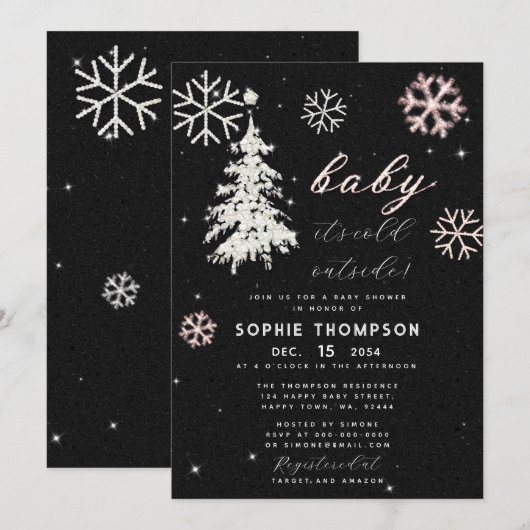 赤ちゃんステキな雪の外　ラインストーンの木の女の子のシャワー 招待状 (正面/裏面)