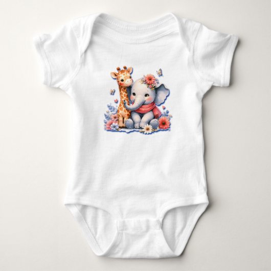 赤ちゃんゾウと赤ちゃんキリン親友 ベビーボディスーツ (正面)