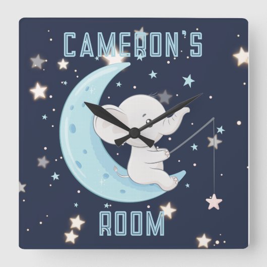 赤ちゃんゾウの星釣り4つ星ポスター スクエア壁時計 (正面)