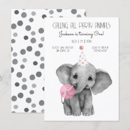 赤ちゃんゾウの黒と白の誕生日 招待状