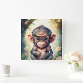 赤ちゃんチンパンジー保育園水彩画 スクエア壁時計 (ホーム)