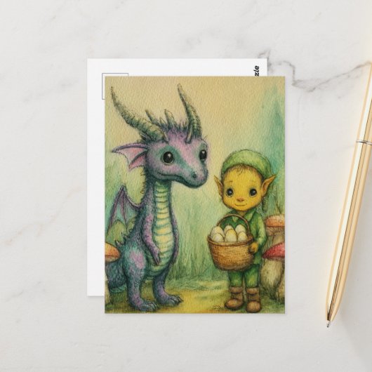 赤ちゃんドラゴンと卵を持つエルフ ポストカード (正面/裏面インサイチュ)