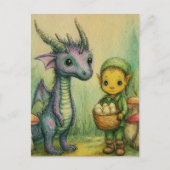 赤ちゃんドラゴンと卵を持つエルフ ポストカード (正面)
