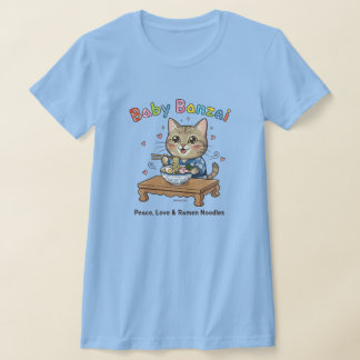 赤ちゃんバンザイ猫の平和、愛、ラーメン Tシャツ