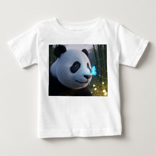 赤ちゃんパンダと輝く青い蝶 ベビーTシャツ (正面)