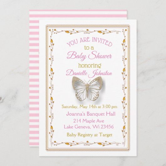 赤ちゃんパーソナライズされたガール蝶の赤ちゃんシャワー 招待状 (正面/裏面)