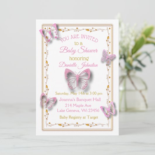 赤ちゃんパーソナライズされたガール蝶の赤ちゃんシャワー 招待状 (スタンド正面)
