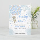 赤ちゃんブルーかわいいテディベアバルーン赤ちゃんシャワー 招待状 (スタンド正面)