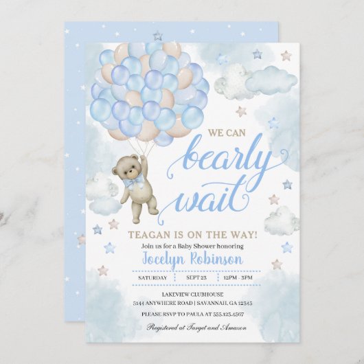 赤ちゃんブルーかわいいテディベアバルーン赤ちゃんシャワー 招待状 (正面/裏面)