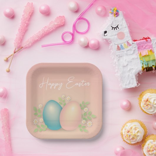 赤ちゃんブルーとピンクのイースターエッグと春フローラ ペーパープレート (パーティー)