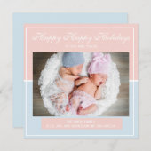 赤ちゃんブルーとピンクの双子の男の子の女の子フォトクリスマス シーズンカード (正面/裏面)